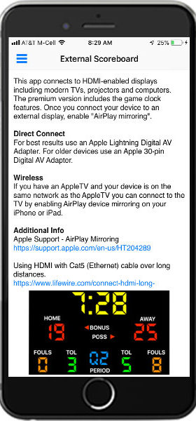 External-Scoreboard-instructions_whtie This image explains how to connect the iPhone app to a TV, projector or computer so that you can display a scoreboard for the crowd.