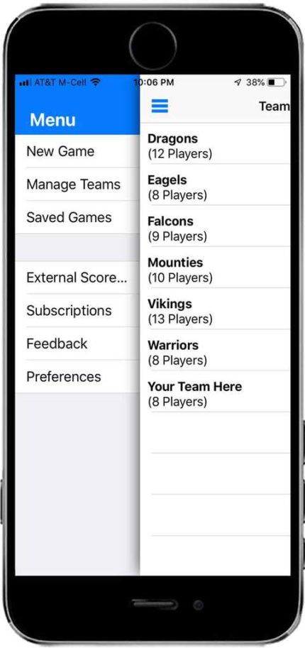 Menu_Teams An image showing the menu options including External Scoreboard, Subscriptions, Feedback, Preferences and more.
